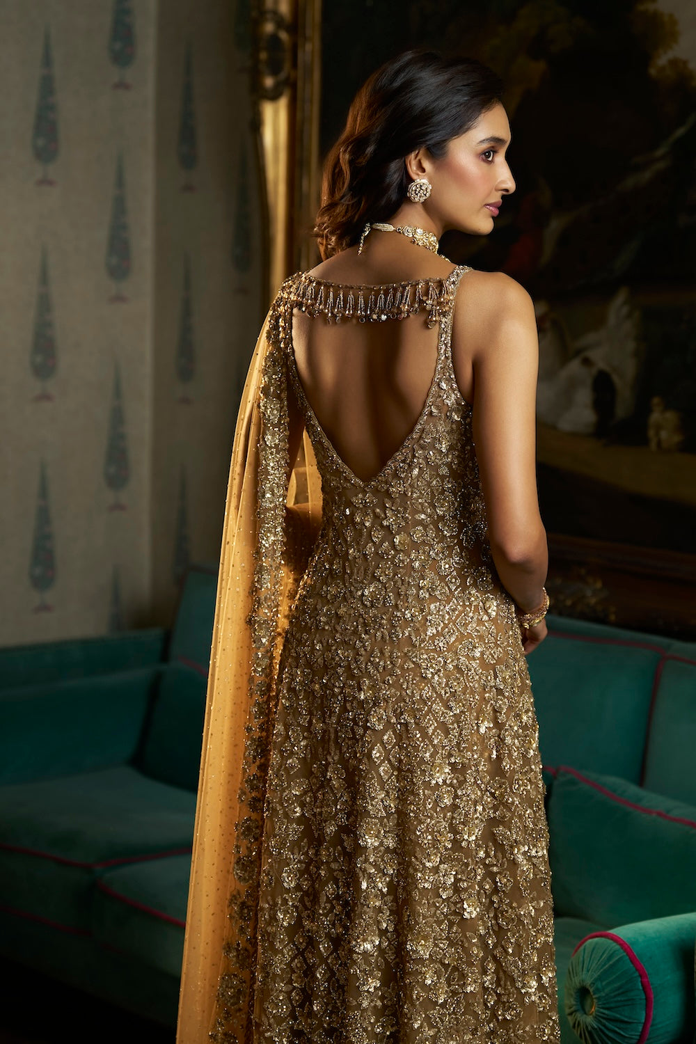 Seema Gujral - Antique Gold High-Low Sharara Set