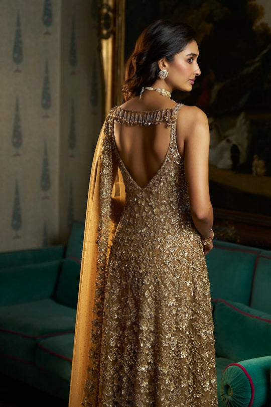 Seema Gujral - Antique Gold High-Low Sharara Set