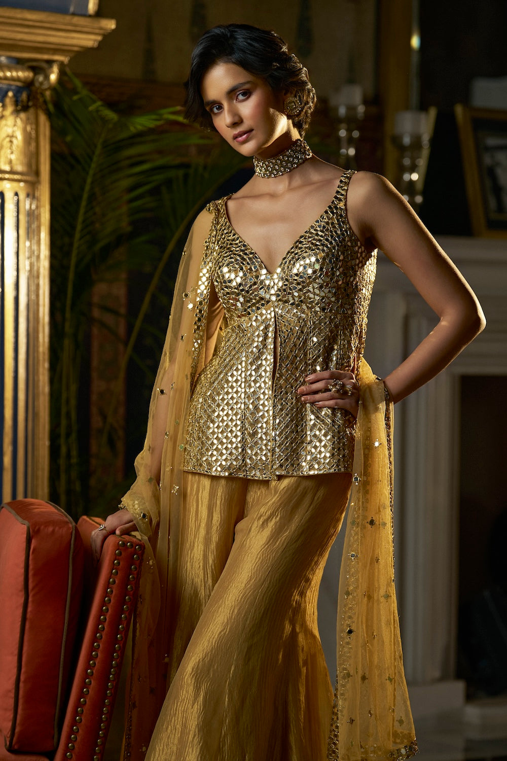 Seema Gujral - Gold Mirror Work Sharara Set
