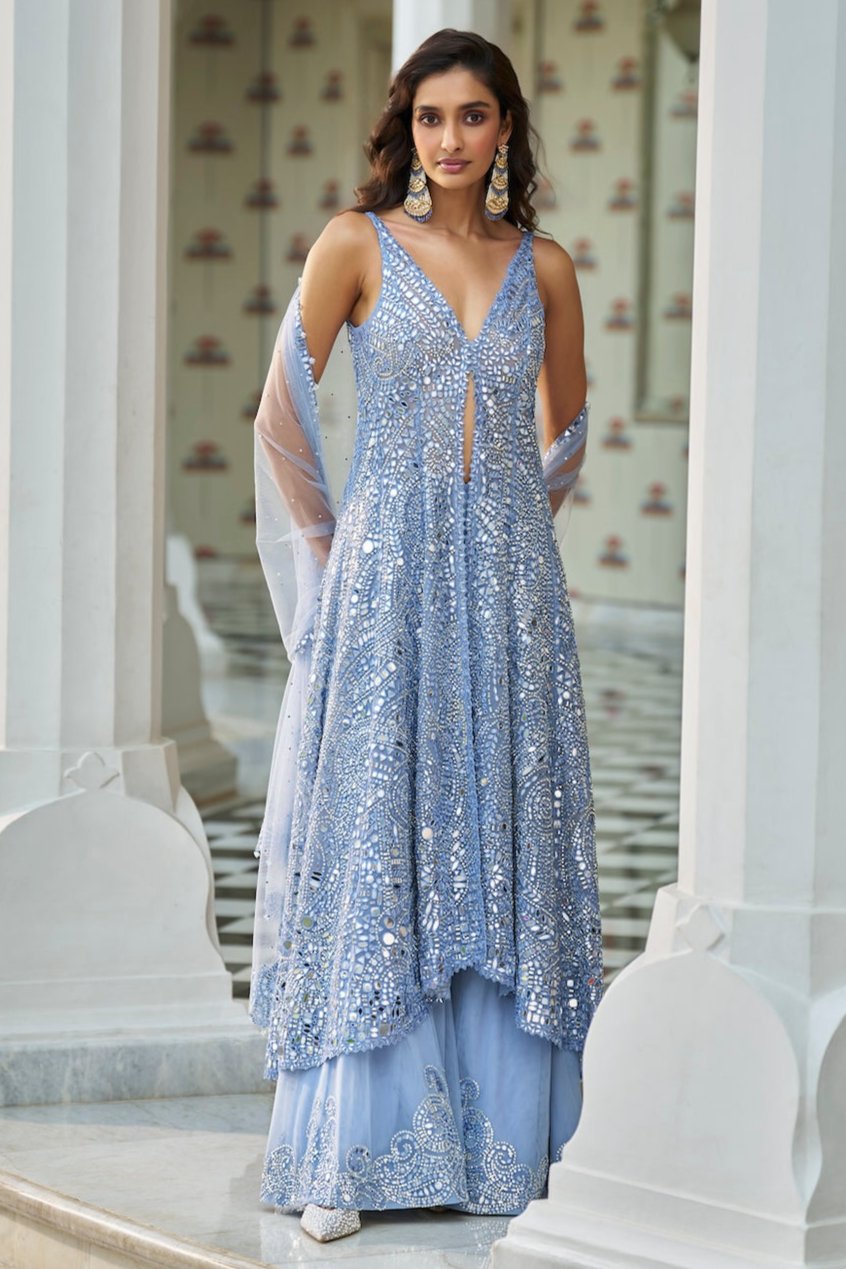 Seema Gujral - Blue Mirror Work Jacket Sharara Set