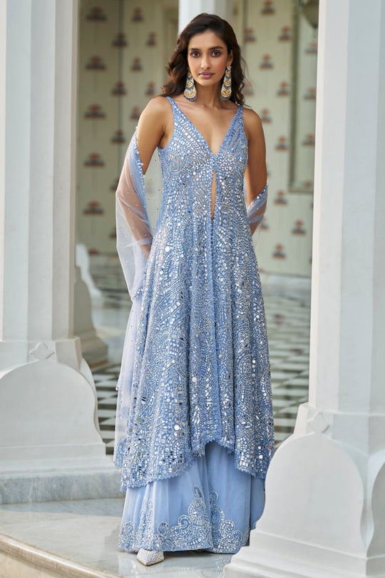 Seema Gujral - Blue Mirror Work Jacket Sharara Set