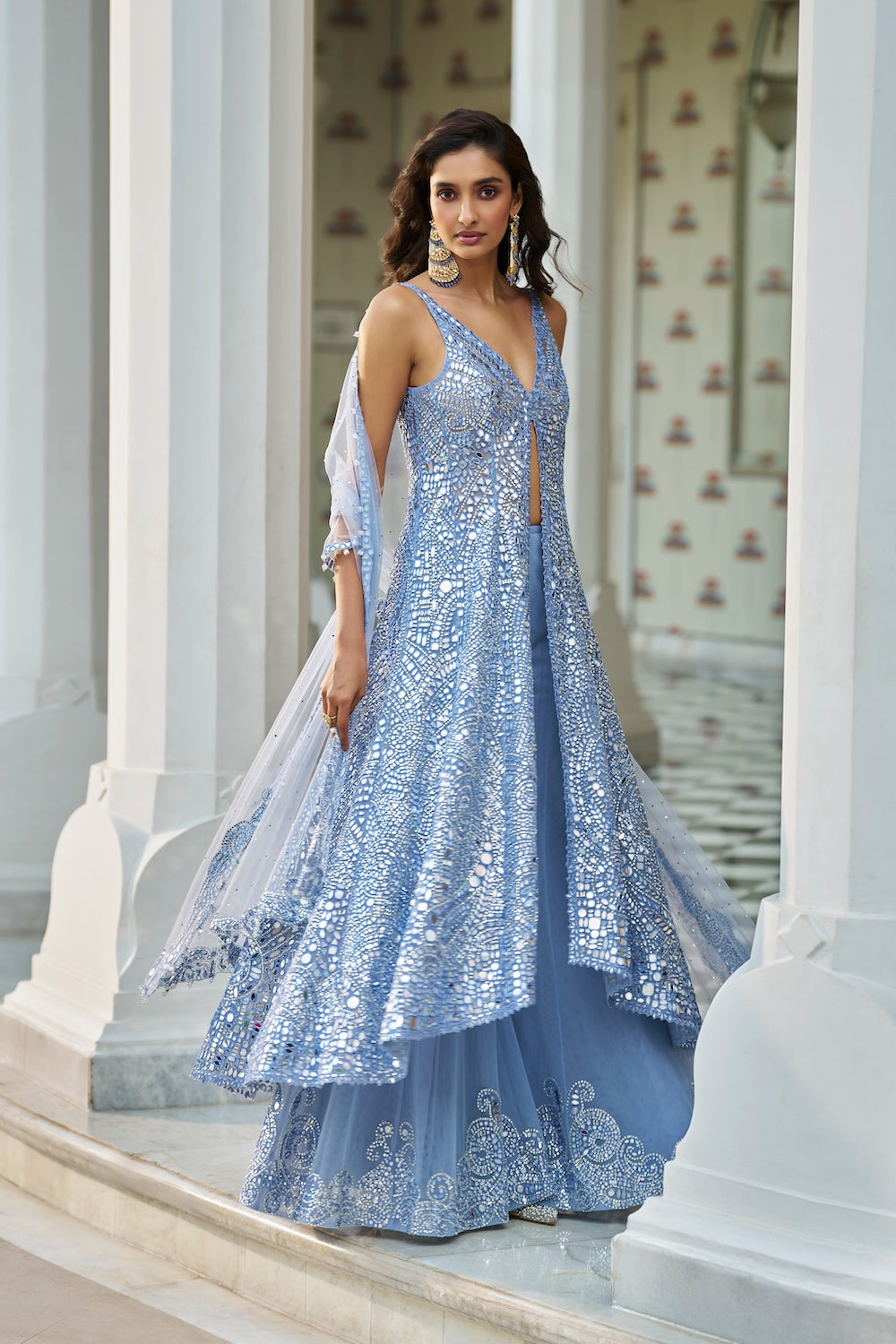 Seema Gujral - Blue Mirror Work Jacket Sharara Set