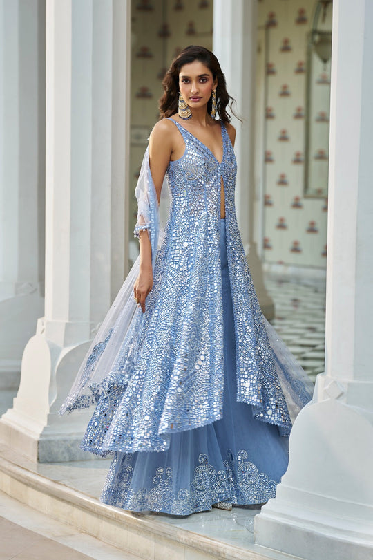 Seema Gujral - Blue Mirror Work Jacket Sharara Set