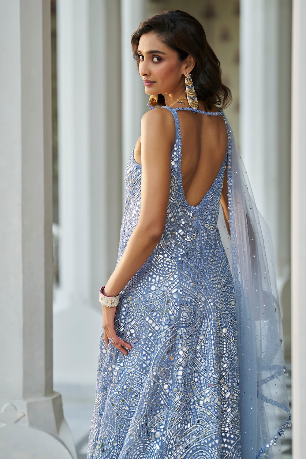 Seema Gujral - Blue Mirror Work Jacket Sharara Set