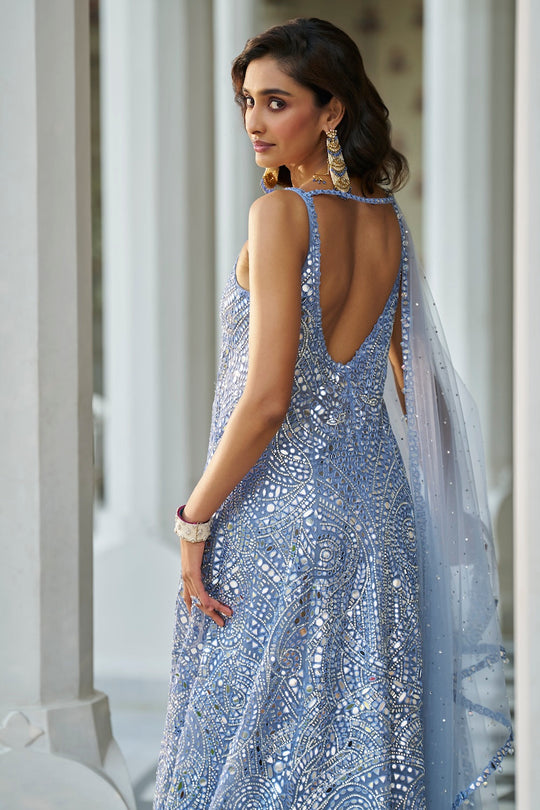 Seema Gujral - Blue Mirror Work Jacket Sharara Set