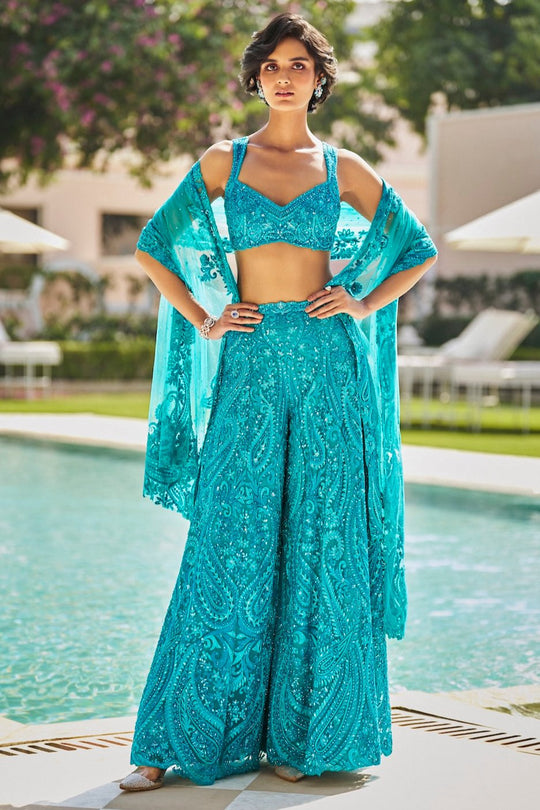 Seema Gujral - Turquoise Paisley Sharara Set