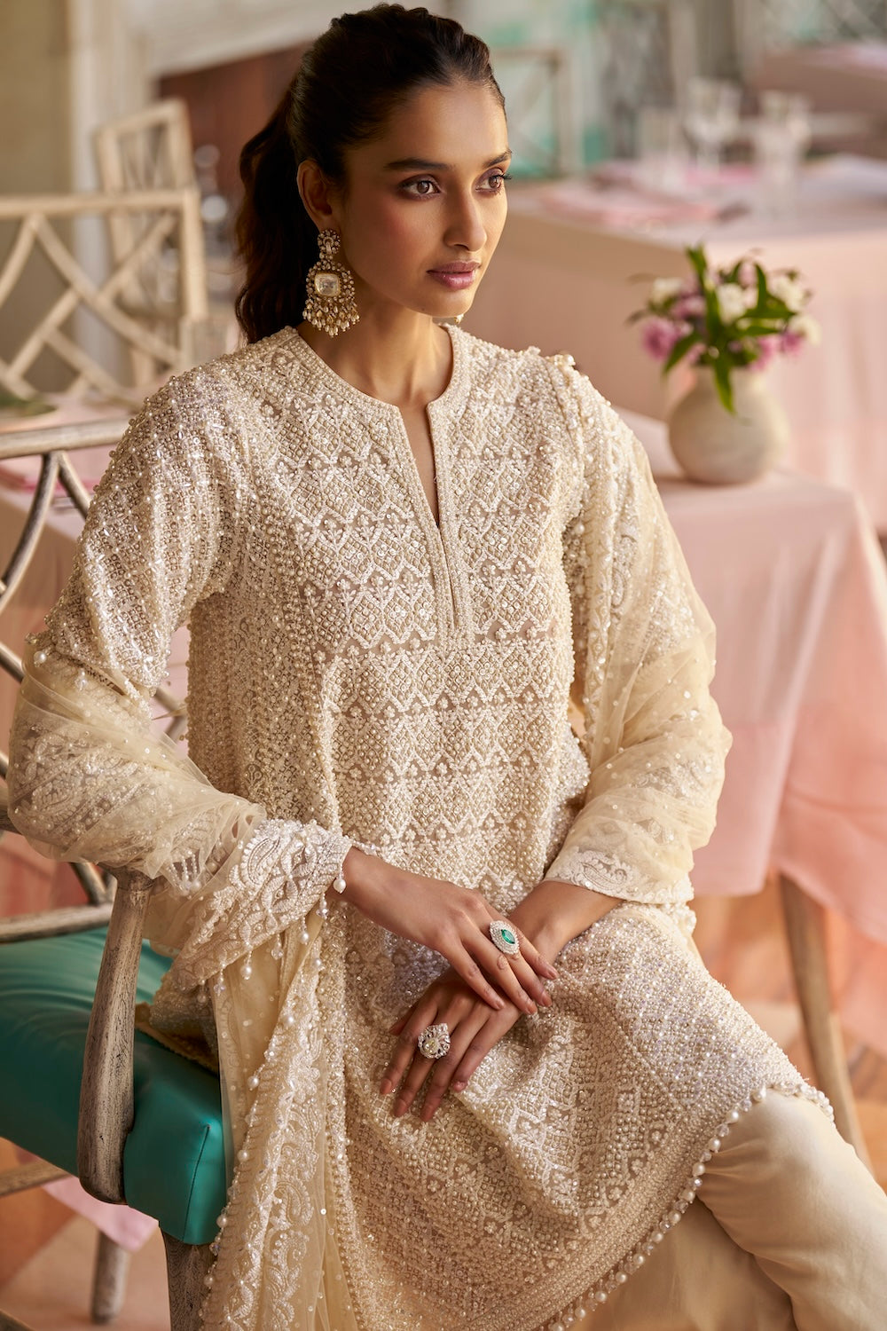 Seema Gujral - Cream Pearl Dhoti Set