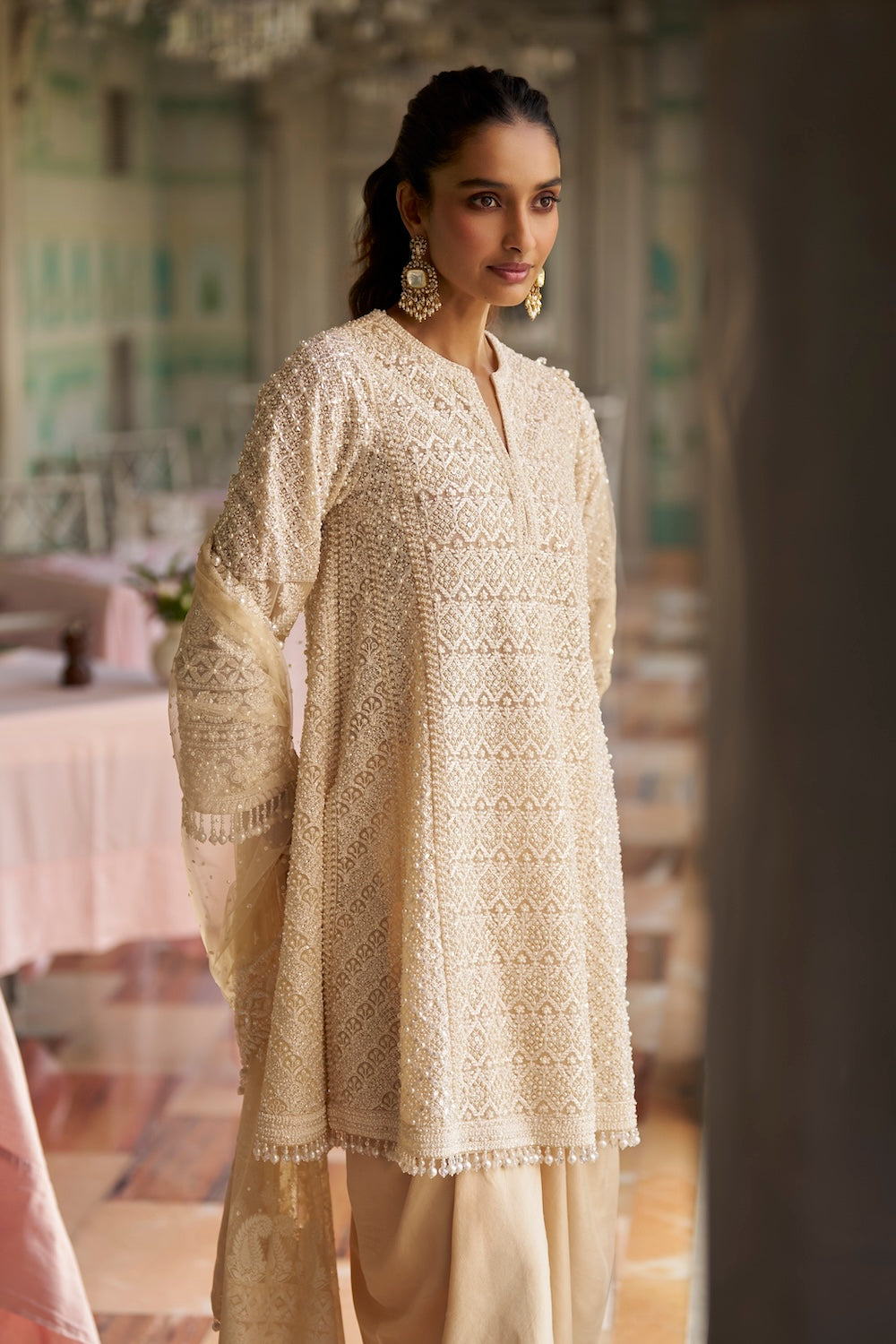 Seema Gujral - Cream Pearl Dhoti Set