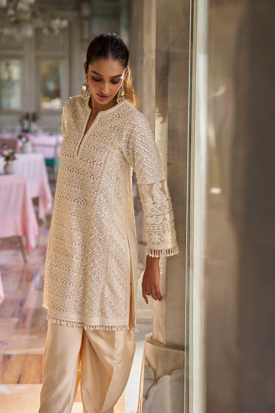 Seema Gujral - Cream Pearl Dhoti Set