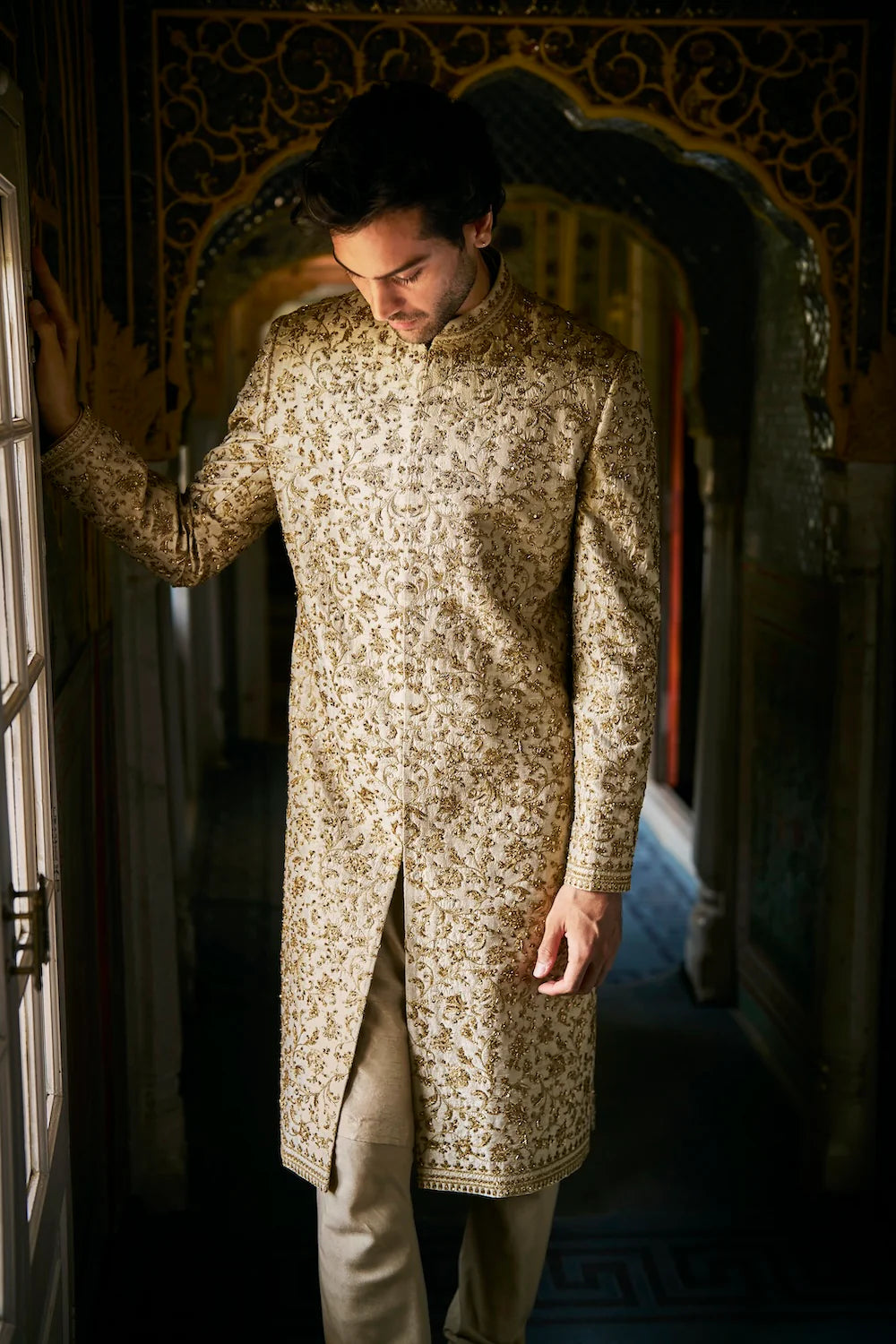 Seema Gujral - Beige Zardosi Sherwani Set
