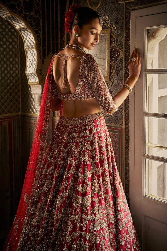 Seema Gujral - Red Crystal Zardosi Lehenga Set