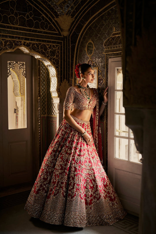 Seema Gujral - Red Crystal Zardosi Lehenga Set
