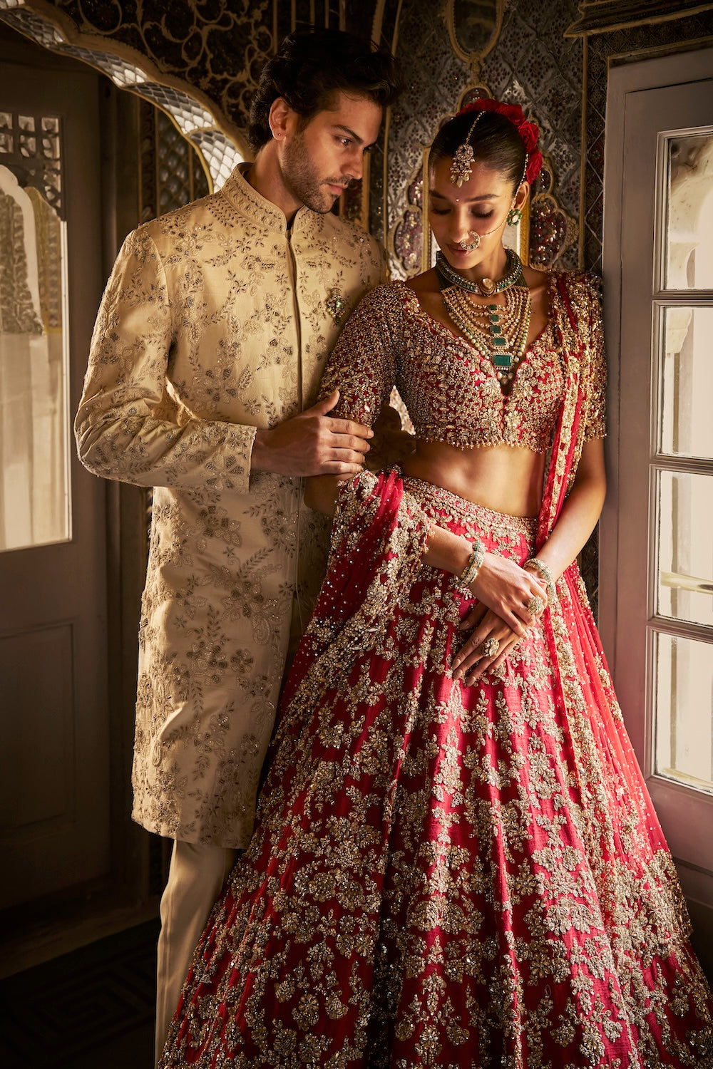 Seema Gujral - Red Crystal Zardosi Lehenga Set