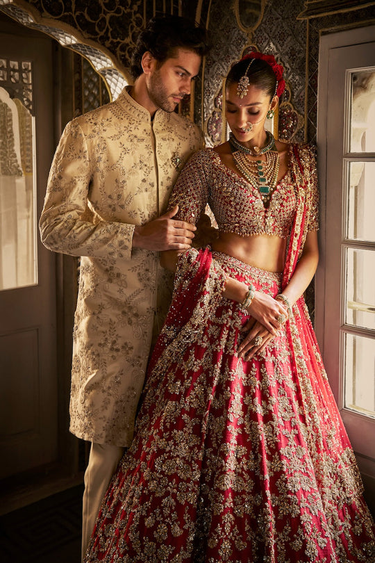 Seema Gujral - Red Crystal Zardosi Lehenga Set