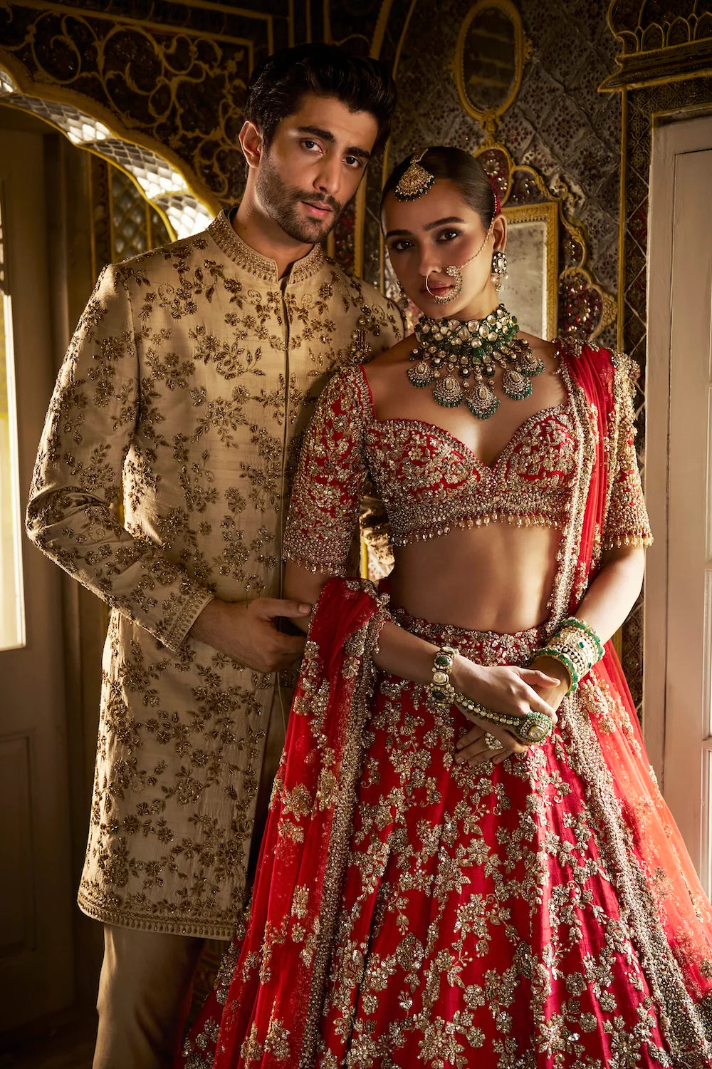 Seema Gujral - Beige Zardosi Short Sherwani Set
