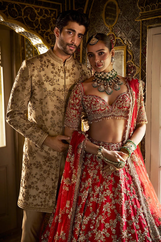 Seema Gujral - Beige Zardosi Short Sherwani Set