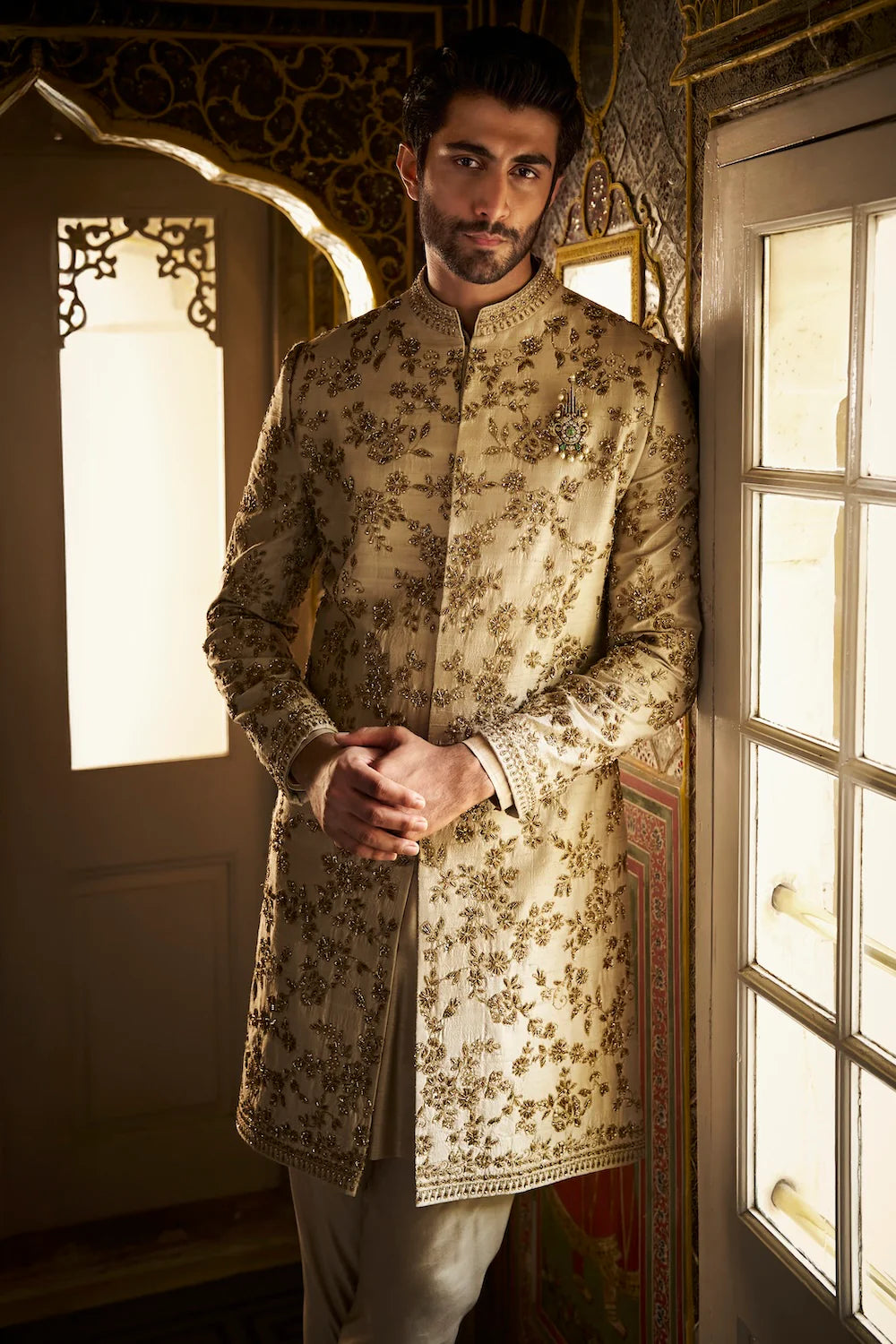Seema Gujral - Beige Zardosi Short Sherwani Set