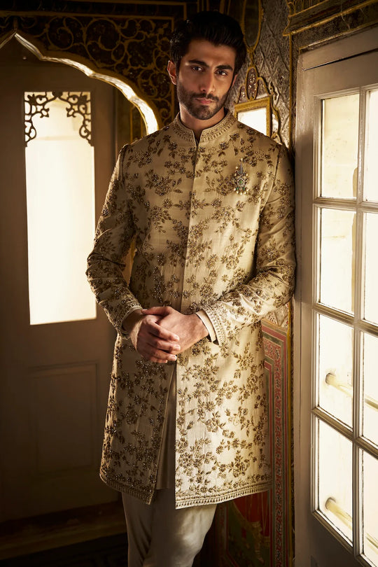 Seema Gujral - Beige Zardosi Short Sherwani Set
