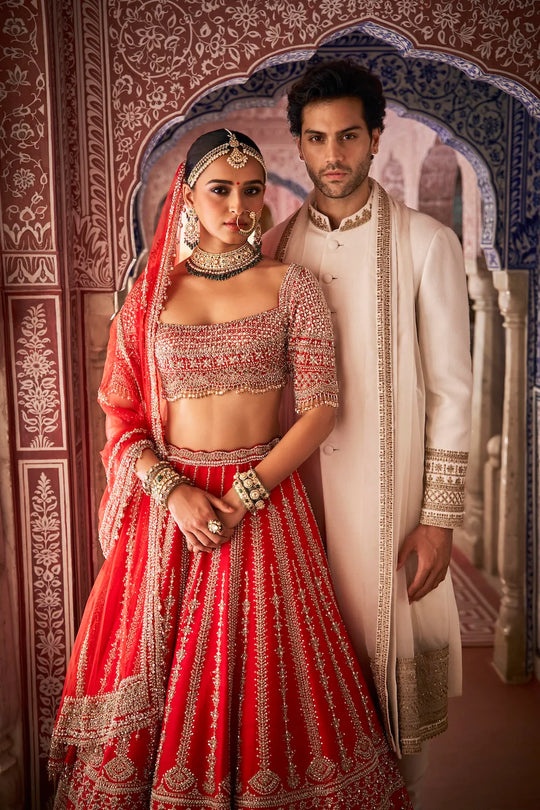 Seema Gujral - Ivory Gold Matka Silk Sherwani Set