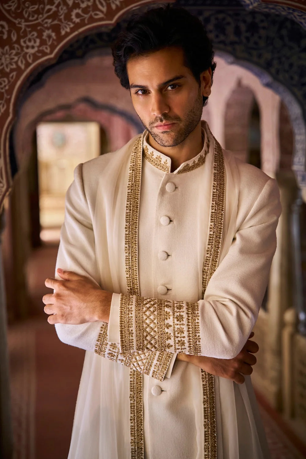 Seema Gujral - Ivory Gold Matka Silk Sherwani Set