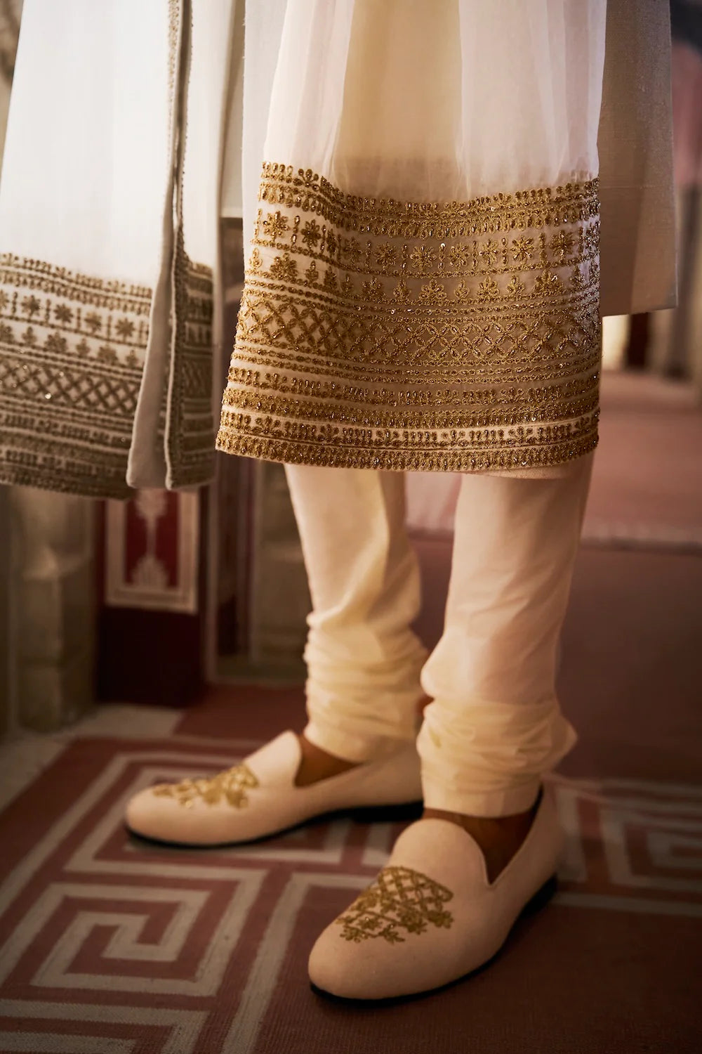 Seema Gujral - Ivory Gold Matka Silk Sherwani Set