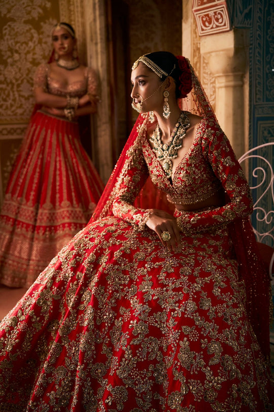 Seema Gujral - Red Crystal Lehenga Set