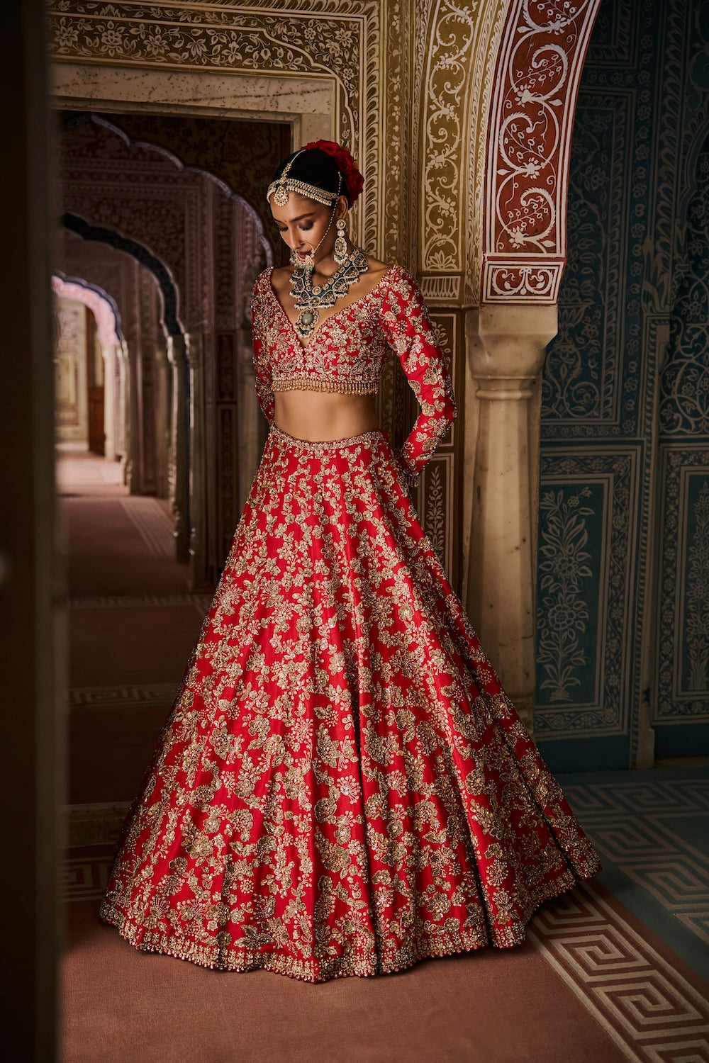 Seema Gujral - Red Crystal Lehenga Set