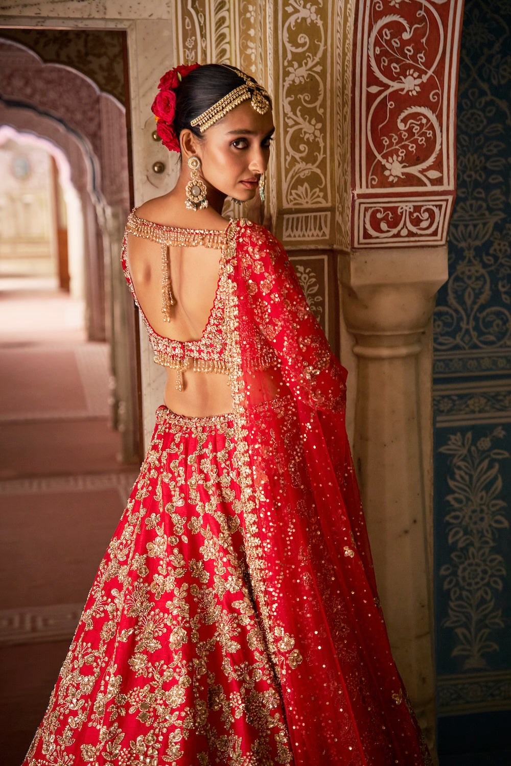Seema Gujral - Red Crystal Lehenga Set