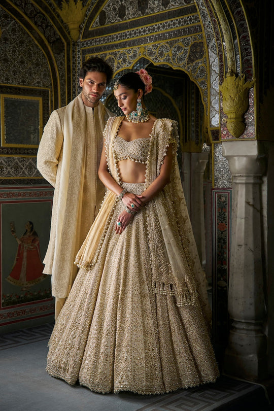 Seema Gujral - Ivory Gold Pearl Lehenga Set
