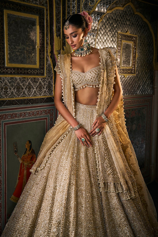 Seema Gujral - Ivory Gold Pearl Lehenga Set