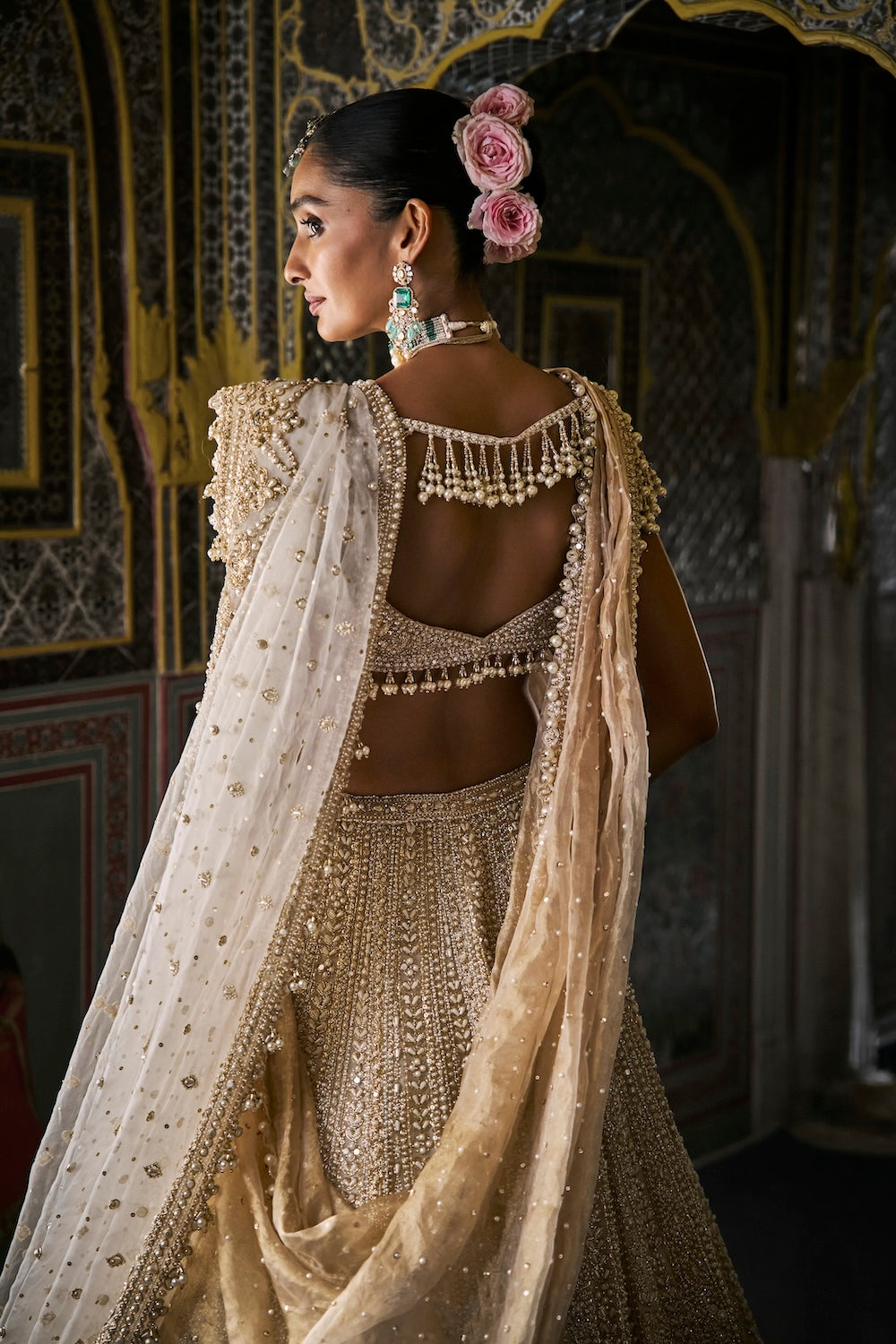 Seema Gujral - Ivory Gold Pearl Lehenga Set