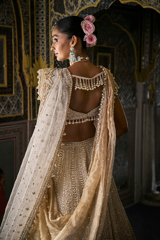 Seema Gujral - Ivory Gold Pearl Lehenga Set
