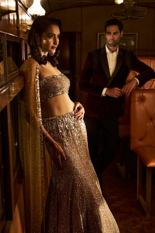 Seema Gujral - Crystal Gold Skirt Set