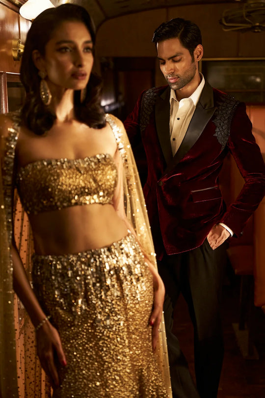 Seema Gujral - Crystal Gold Skirt Set