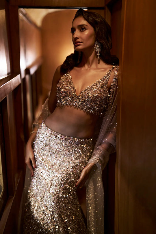 Seema Gujral - Nude Crystal Skirt Set