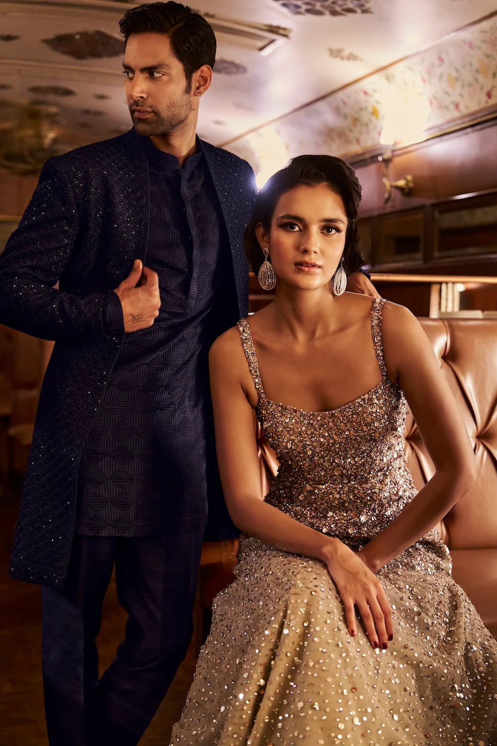 Seema Gujral - Navy Thread Work Open Sherwani set