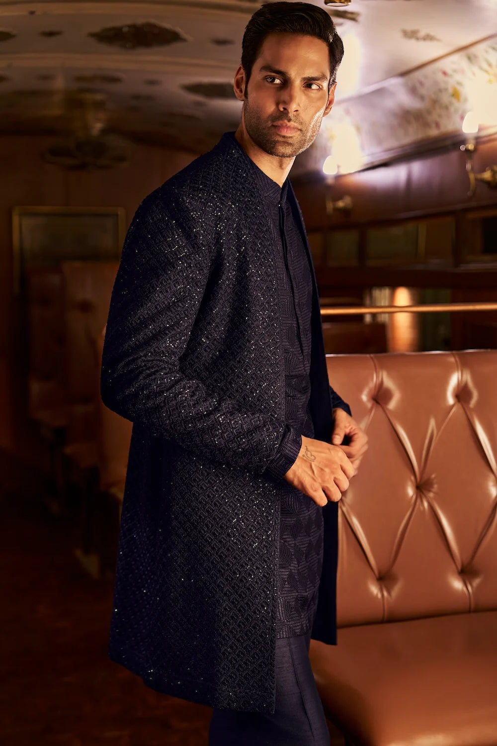 Seema Gujral - Navy Thread Work Open Sherwani set