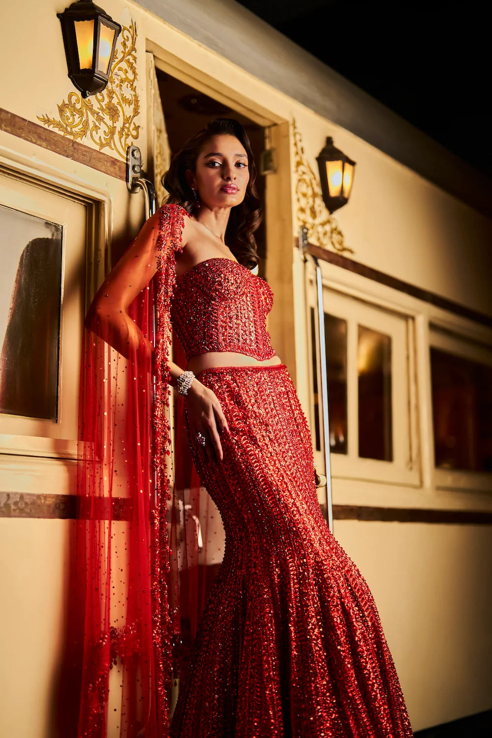 Seema Gujral - Red Corset Skirt Set