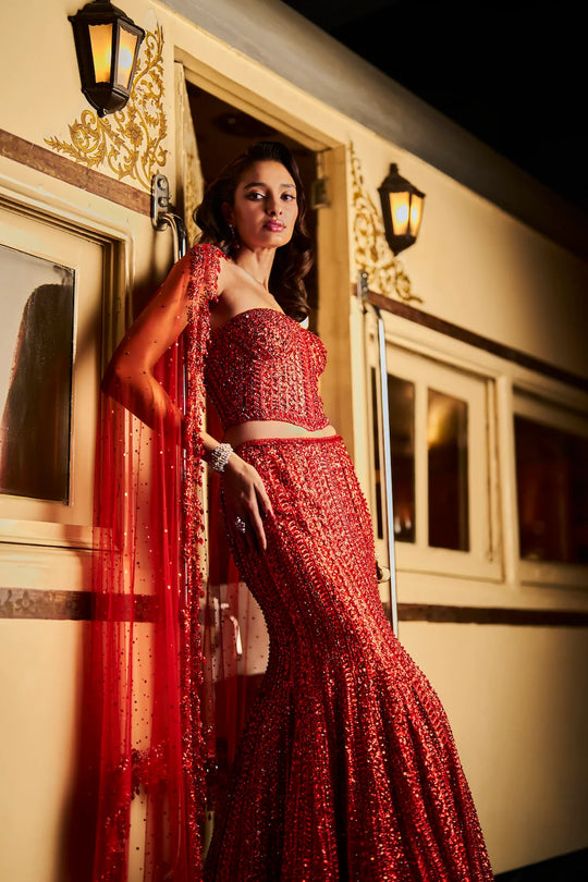 Seema Gujral - Red Corset Skirt Set