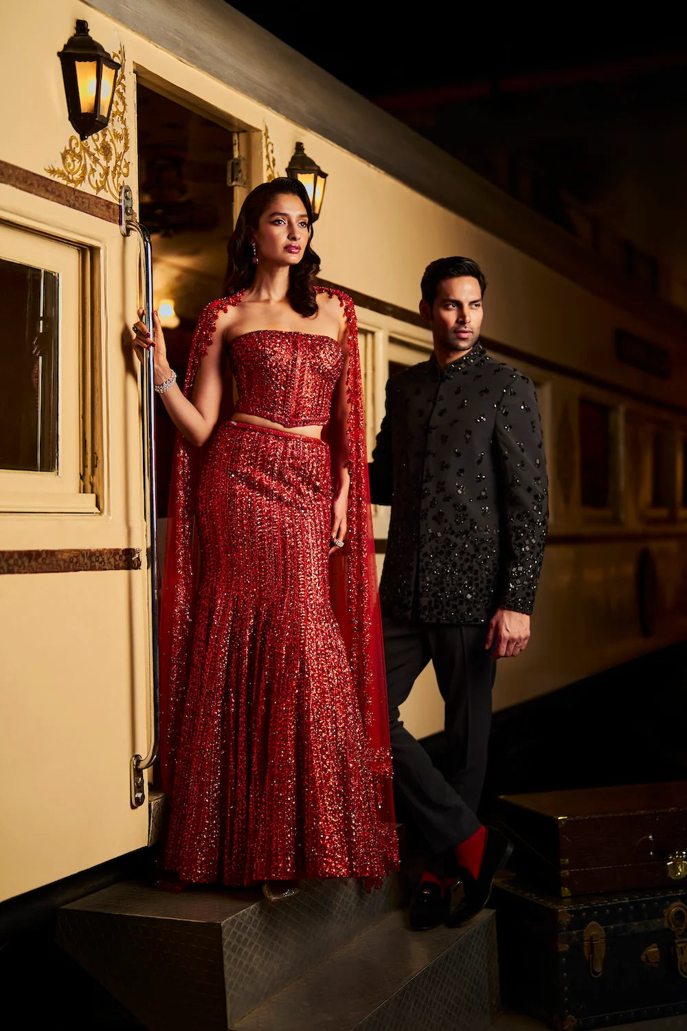 Seema Gujral - Red Corset Skirt Set