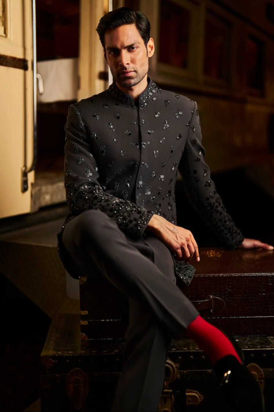Seema Gujral - Black Bead Bandhgala Set