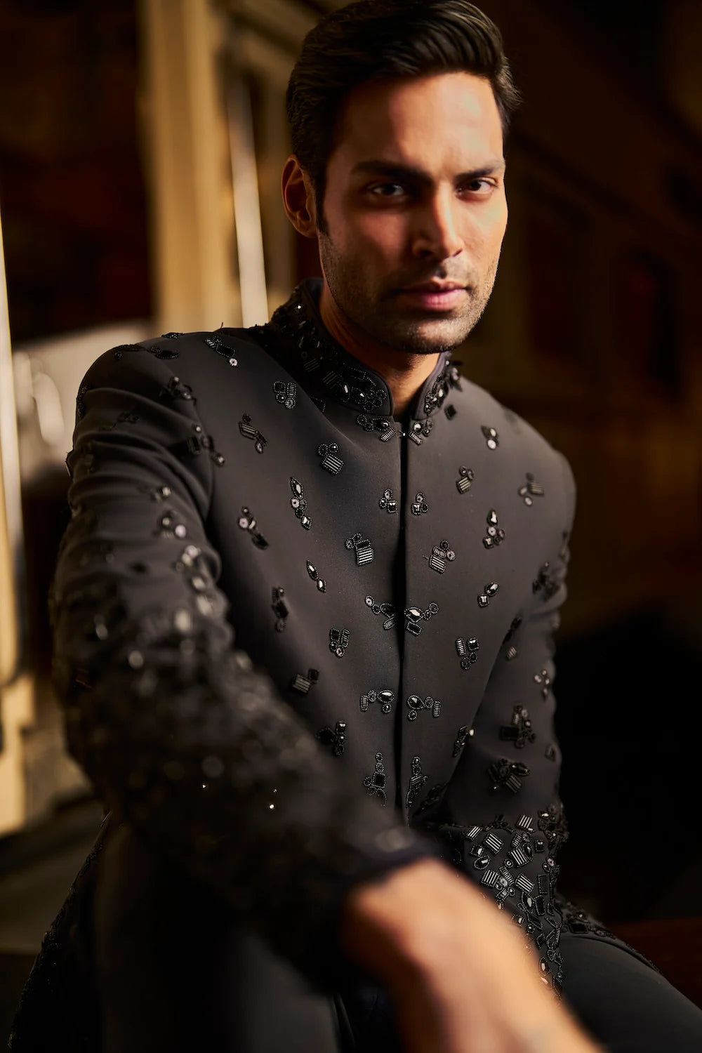 Seema Gujral - Black Bead Bandhgala Set