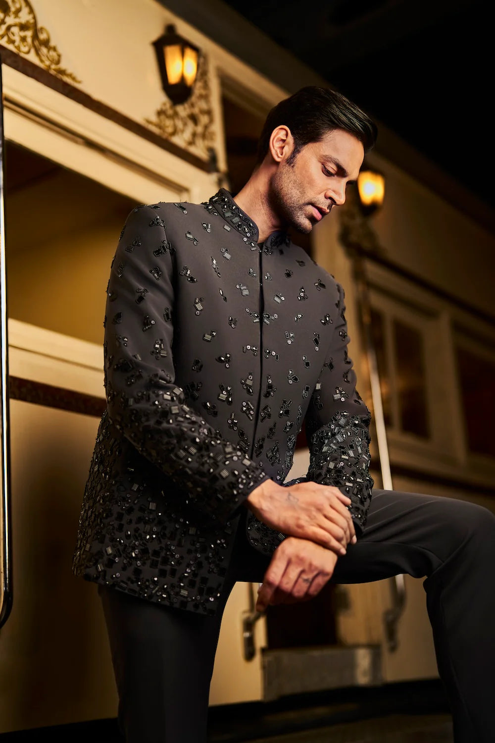 Seema Gujral - Black Bead Bandhgala Set