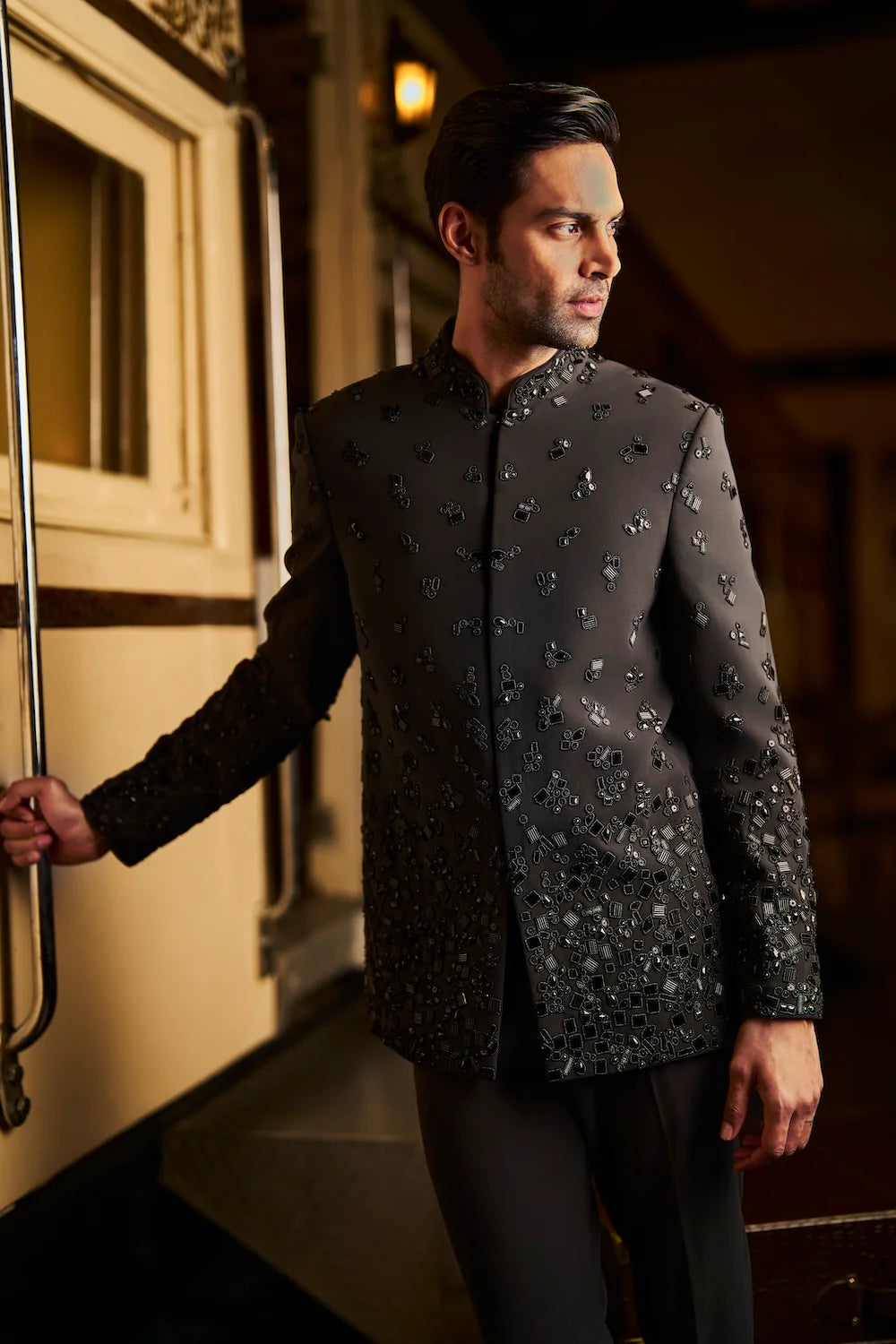 Seema Gujral - Black Bead Bandhgala Set