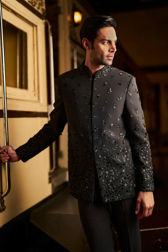 Seema Gujral - Black Bead Bandhgala Set