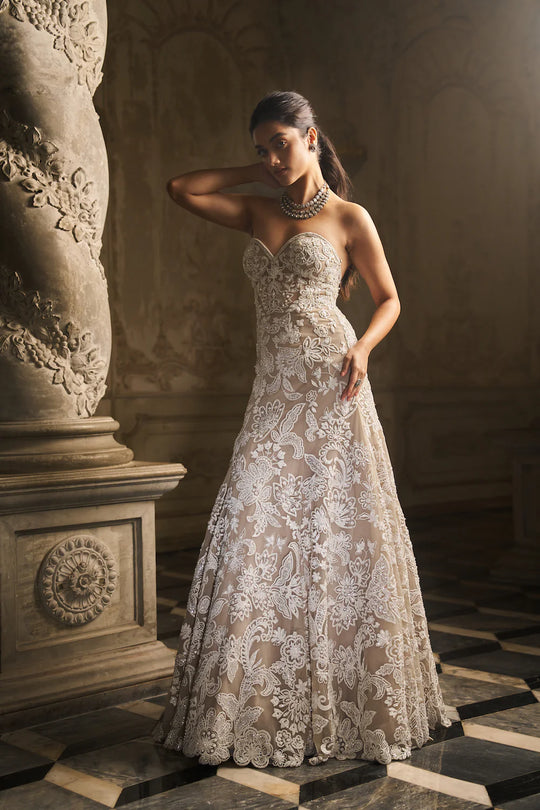 Seema Gujral - Off-Shoulder Nude Gown