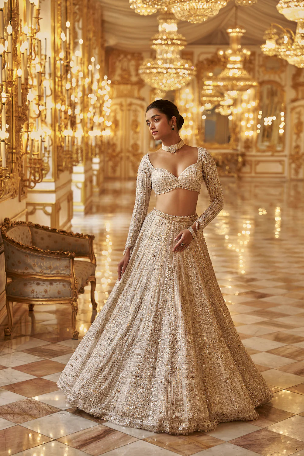 Seema Gujral - Ivory Gold Sequin Lehenga Set
