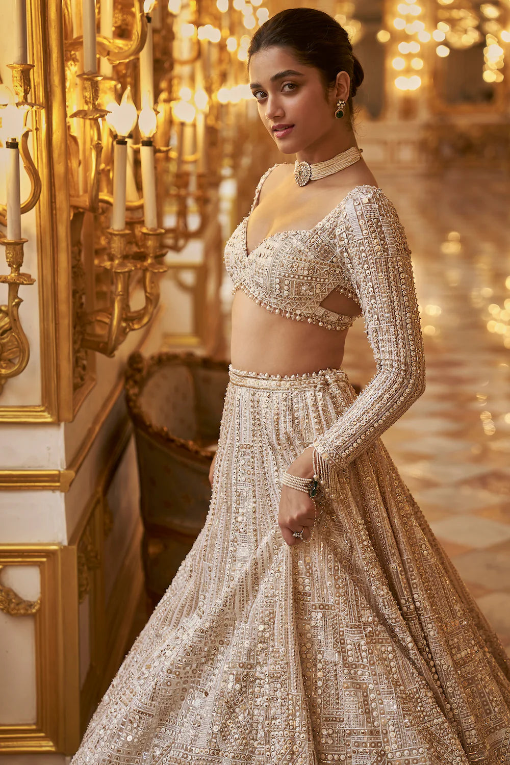 Seema Gujral - Ivory Gold Sequin Lehenga Set