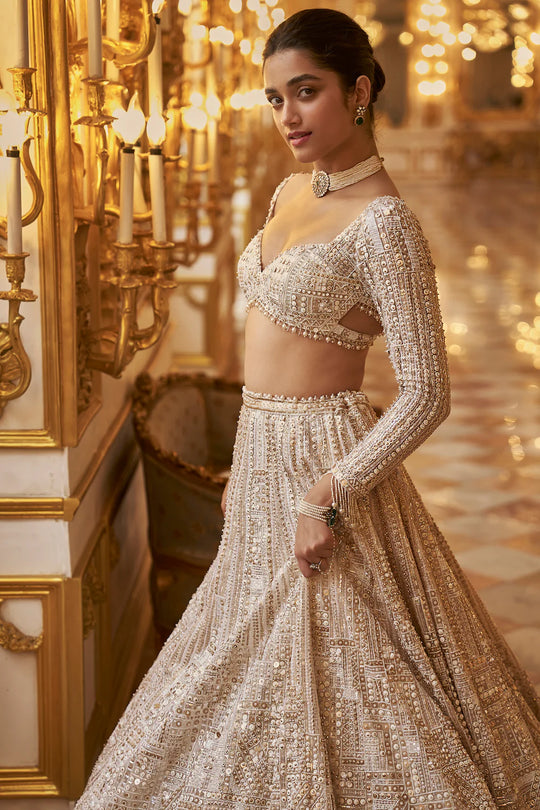 Seema Gujral - Ivory Gold Sequin Lehenga Set