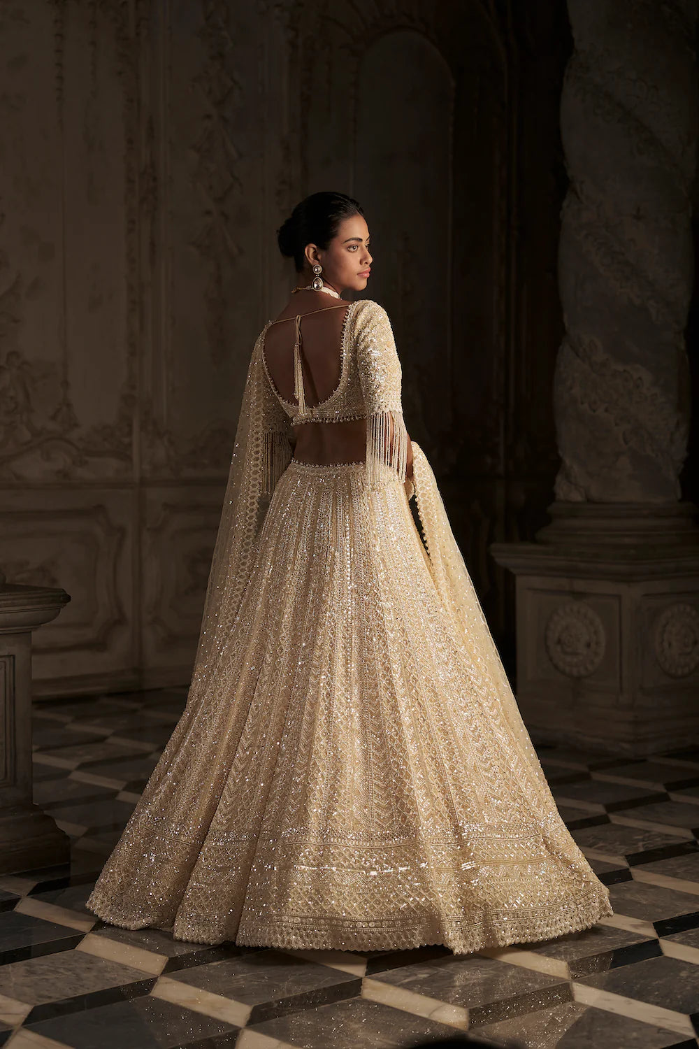 Seema Gujral - Cream Pearl Lehenga Set